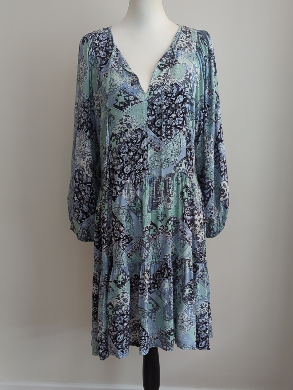 Calvin Klein Patchwork Peasant-Style 3/4 Sleeve Midi Dress Blue Mint Green LARGE